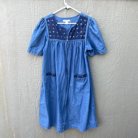 Go Softly Patio Dress SMALL MuMu Blue Denim Sequin Embellished Full Zip  Pockets - Picture 1 of 7